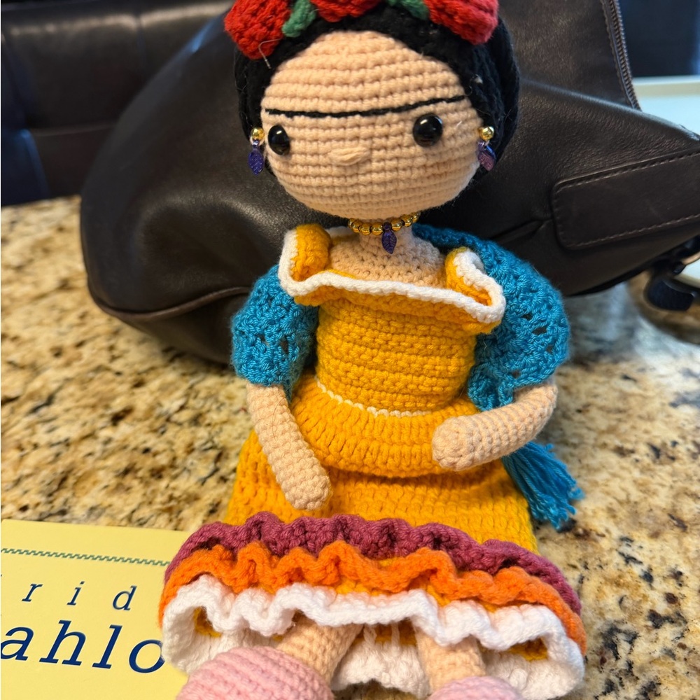 Handmade Frida Kahlo Crochet Doll in Yellow Dress with Teal Shawl